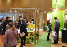 Besucher am grün-gelben FLAIR-Messestand auf einer Wohnmesse